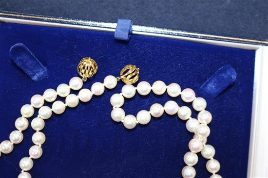 *A Mikimoto single strand cultured pearl necklace with 18ct gold clasp, with Mikimoto box, 36in.